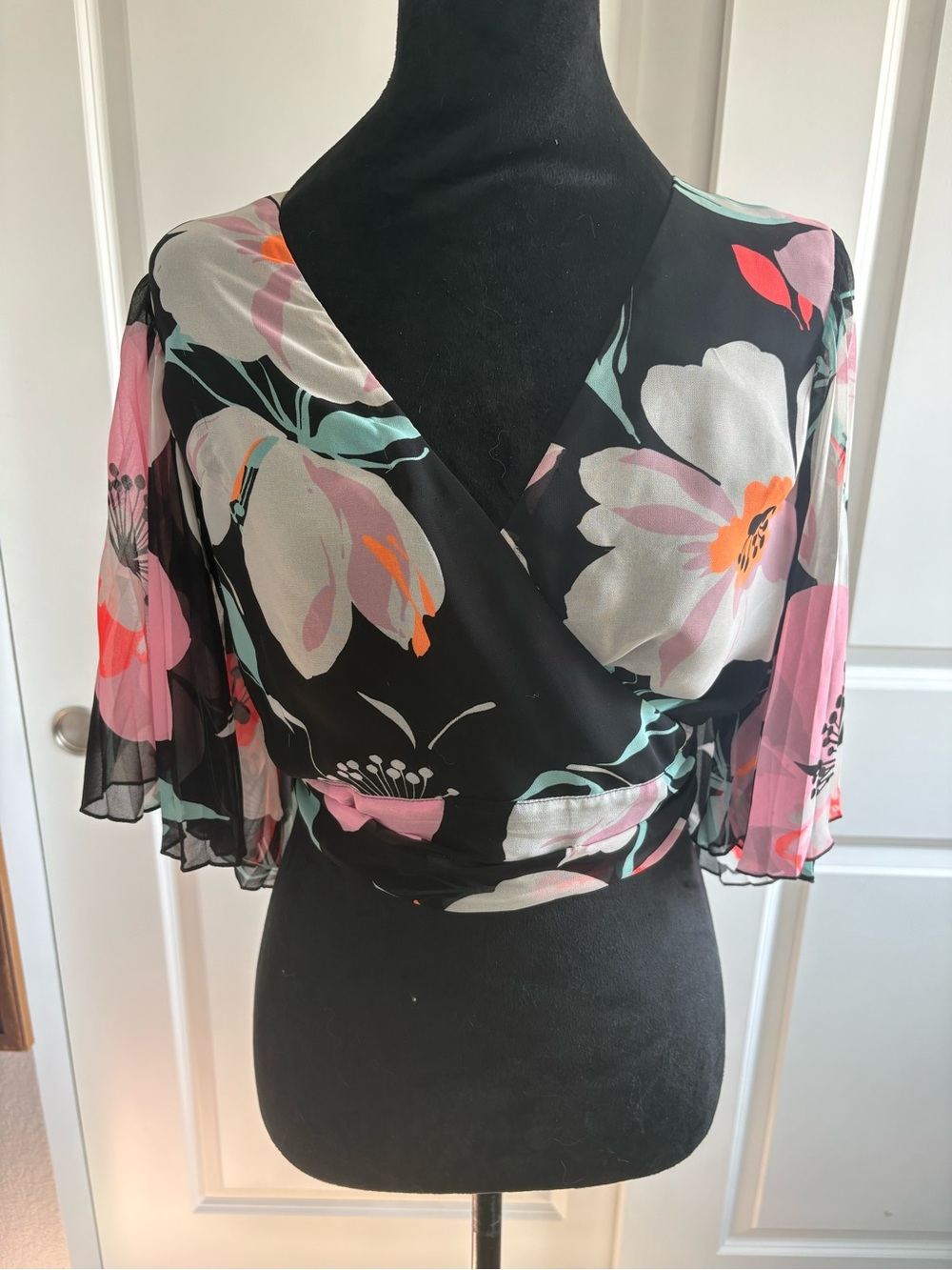 Express Black Floral Wrap Crop Top with Pink, White & Orange Accents Open Back